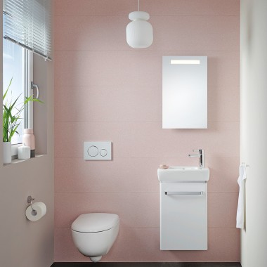 Casa de banho pequena com lavatório compacto e sanita suspensa compactos da série Selnova Compact Casa de banho pequena com lavatório compacto e sanita suspensa compactos da série Selnova Compact