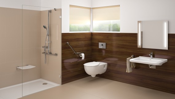 Casa de banho sem barreiras com área de lavatório, sanita suspensa e duche integrado no pavimento