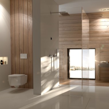 Casa de banho da Geberit com painéis de madeira