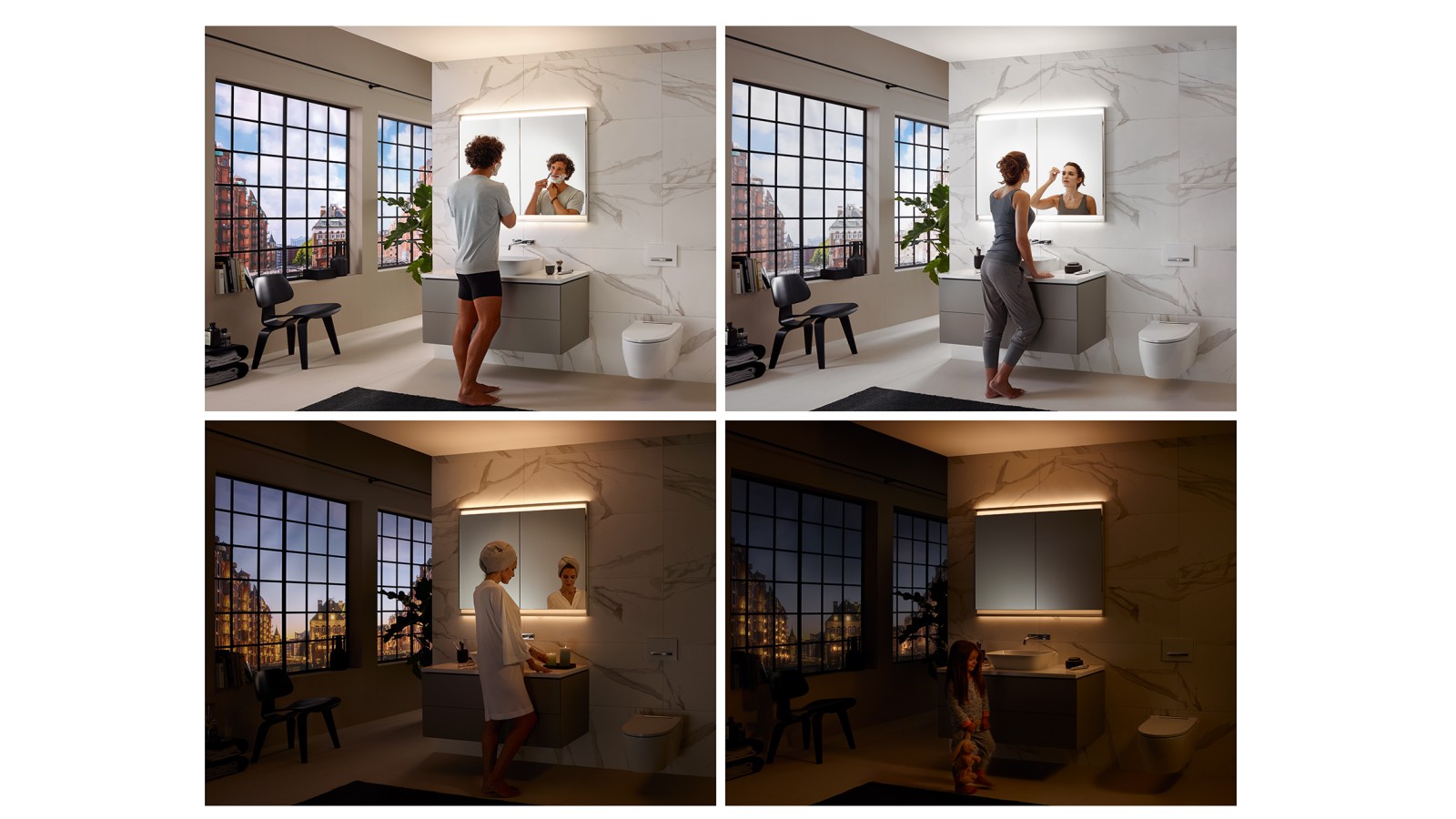 Diferentes ambientes de iluminação na casa de banho com o sistema Geberit ComfortLight (© Geberit) Diferentes ambientes de iluminação na casa de banho com o sistema Geberit ComfortLight (© Geberit)