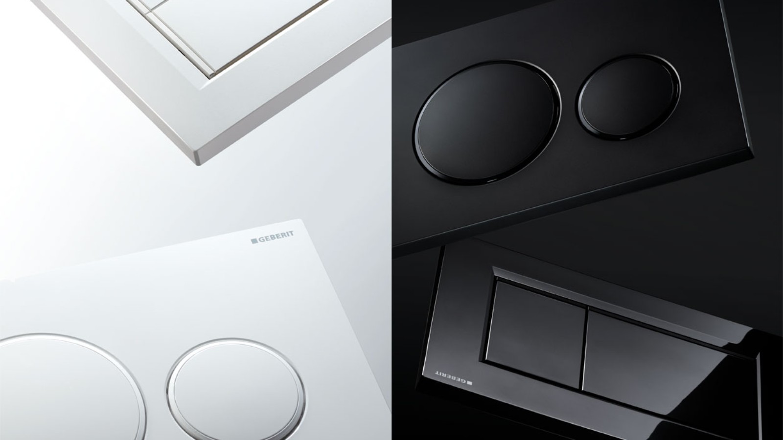 Placas de descarga Geberit Sigma20 e Sigma30 em branco e preto