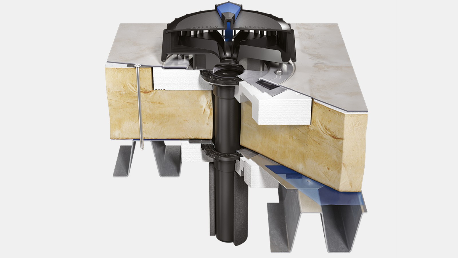 Ralo Geberit Pluvia em cobertura térmica com ligação à barreira de vapor e placa de impermeabilização para cobertura como layer condutora de água Ralo Geberit Pluvia em cobertura térmica com ligação à barreira de vapor e placa de impermeabilização para cobertura como layer condutora de água