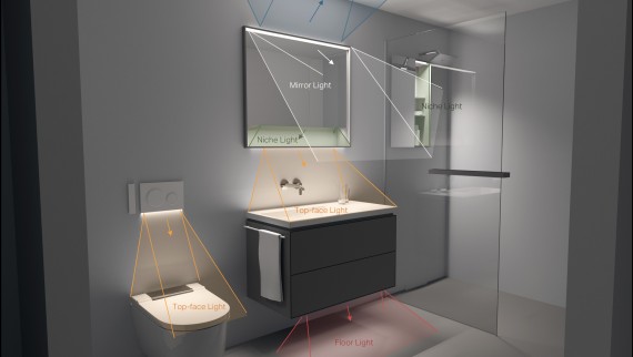 A imagem mostra diferentes zonas iluminadas na casa de banho: no WC, lavatório e duche (© Tribcraft)