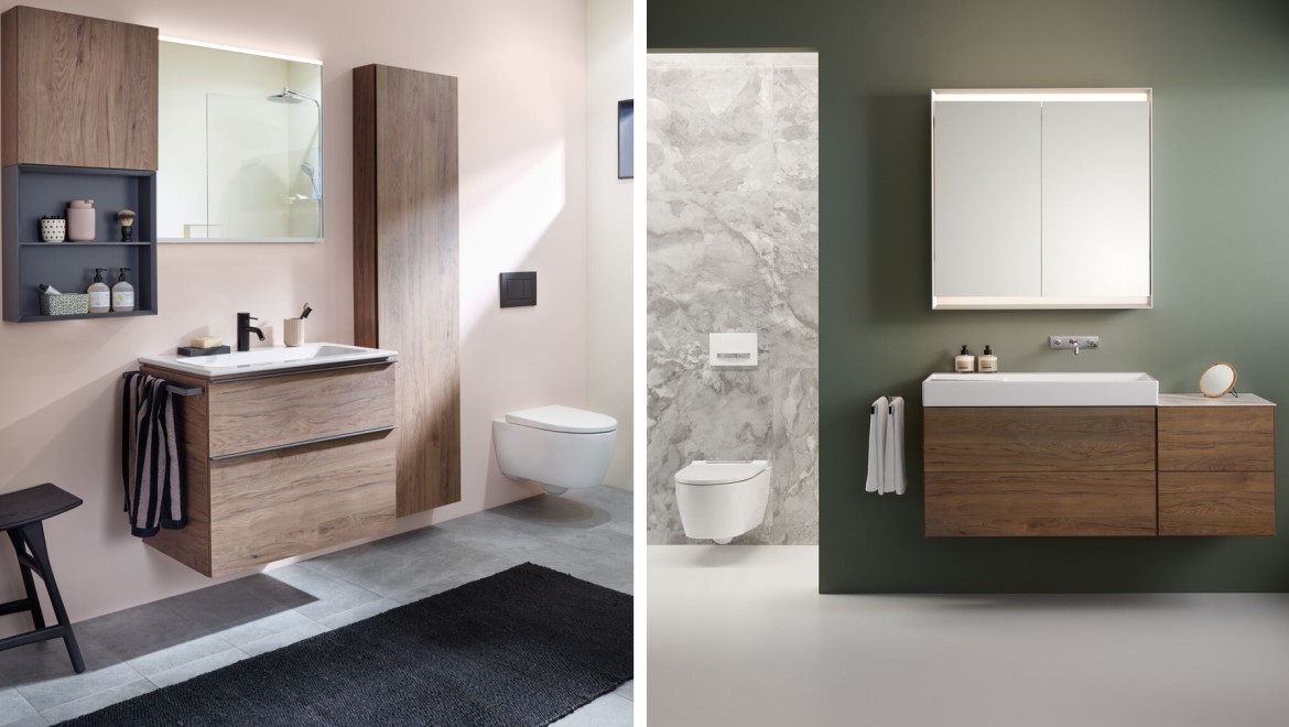 Duas casas de banho Geberit com paredes de cores diferentes em rosa e verde escuro Duas casas de banho Geberit com paredes de cores diferentes em rosa e verde escuro