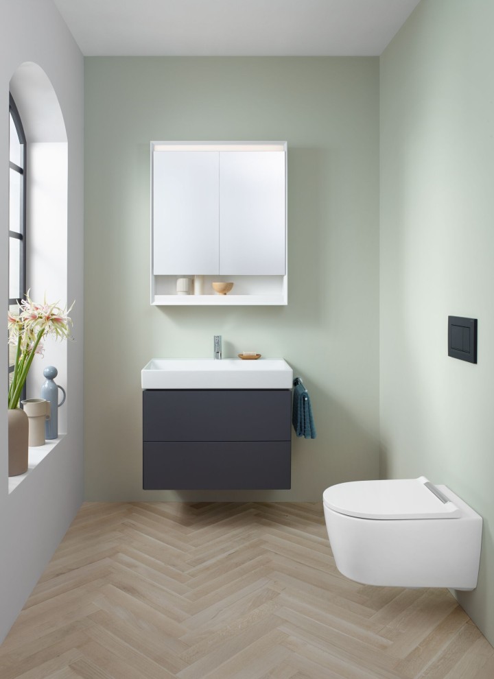 Casa de banho para hóspedes com sanita suspensa, armário com espelho e armário para lavatório da série de casas de banho Geberit ONE
