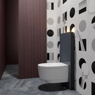 Casa de banho de serviços com sanita com sistema integrado de lavagem Geberit AquaClean Mera. (© Bloomrealities/HTA para H.O.M.E. Haus 2022)