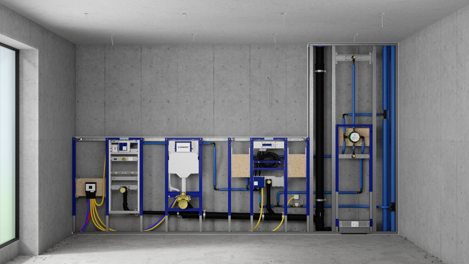 Parede de instalação com estruturas Geberit Duofix para urinol, sanita, lavatório e duche Parede de instalação com estruturas Geberit Duofix para urinol, sanita, lavatório e duche