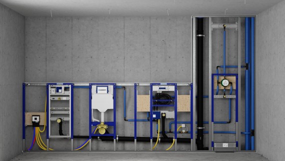 Parede de instalação com estruturas Geberit Duofix para urinol, sanita, lavatório e duche Parede de instalação com estruturas Geberit Duofix para urinol, sanita, lavatório e duche