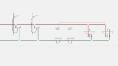 Exemplo de tubagem para água potável, no caso do controlo por intervalos, com a descarga automática sanitária Geberit integrada no autoclismo de interior