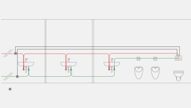 Exemplo de tubagem para água potável, no caso do controlo por temperatura, com a descarga automática sanitária Geberit integrada no autoclismo de interior