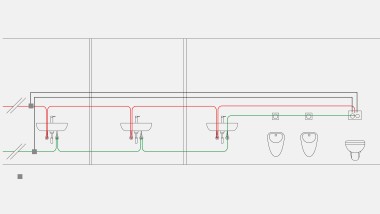 Exemplo de tubagem para água potável, no caso do controlo por temperatura, com a descarga automática sanitária Geberit integrada no autoclismo de interior