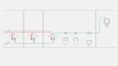 Exemplo de tubagem para água potável, no caso do controlo por tempo, com a descarga automática sanitária