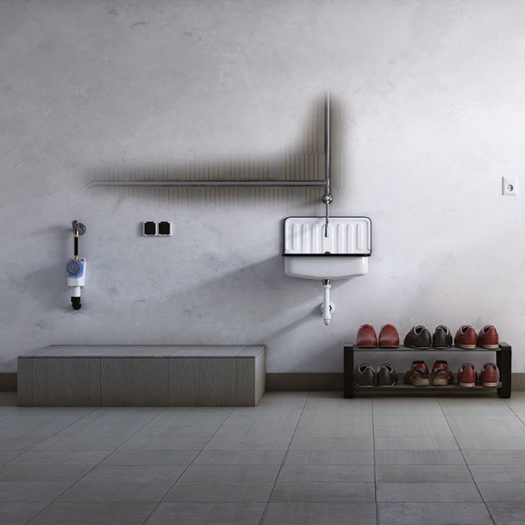 Exemplo de aplicação para a descarga automática sanitária Geberit Rapid: Tubagens inoperantes em consequência de instalações não utilizadas Exemplo de aplicação para a descarga automática sanitária Geberit Rapid: Tubagens inoperantes em consequência de instalações não utilizadas