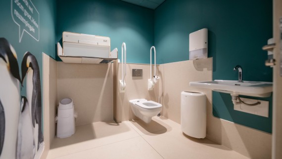 O WC para pessoas com mobilidade reduzida também está equipado em grande parte com produtos Geberit (© Michiel Stock) O WC para pessoas com mobilidade reduzida também está equipado em grande parte com produtos Geberit (© Michiel Stock)