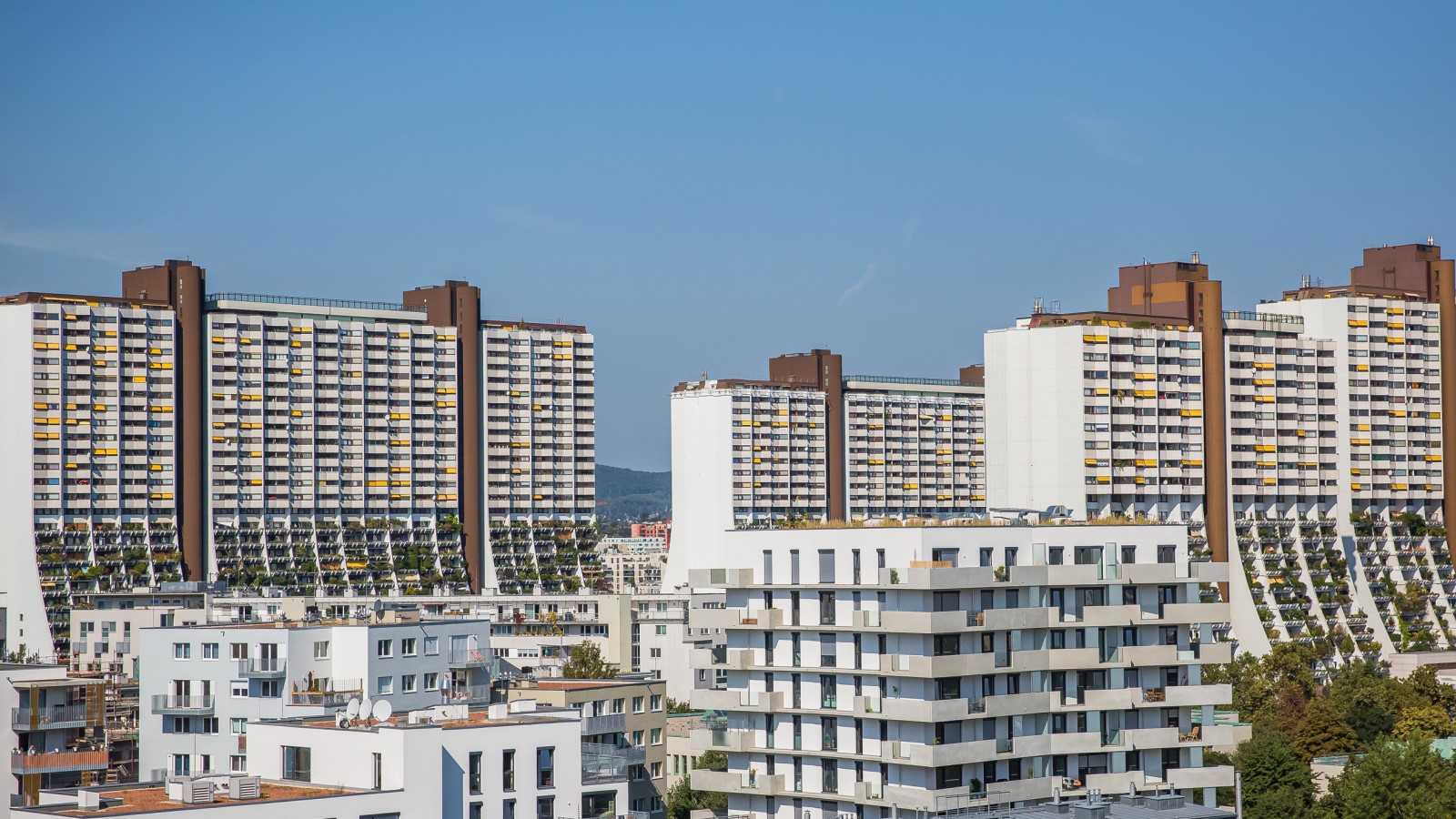 Existem mais de 3.200 apartamentos no complexo de habitação social Alt-Erlaa. (© Agata Kadar – stock.adobe.com) Existem mais de 3.200 apartamentos no complexo de habitação social Alt-Erlaa. (© Agata Kadar – stock.adobe.com)