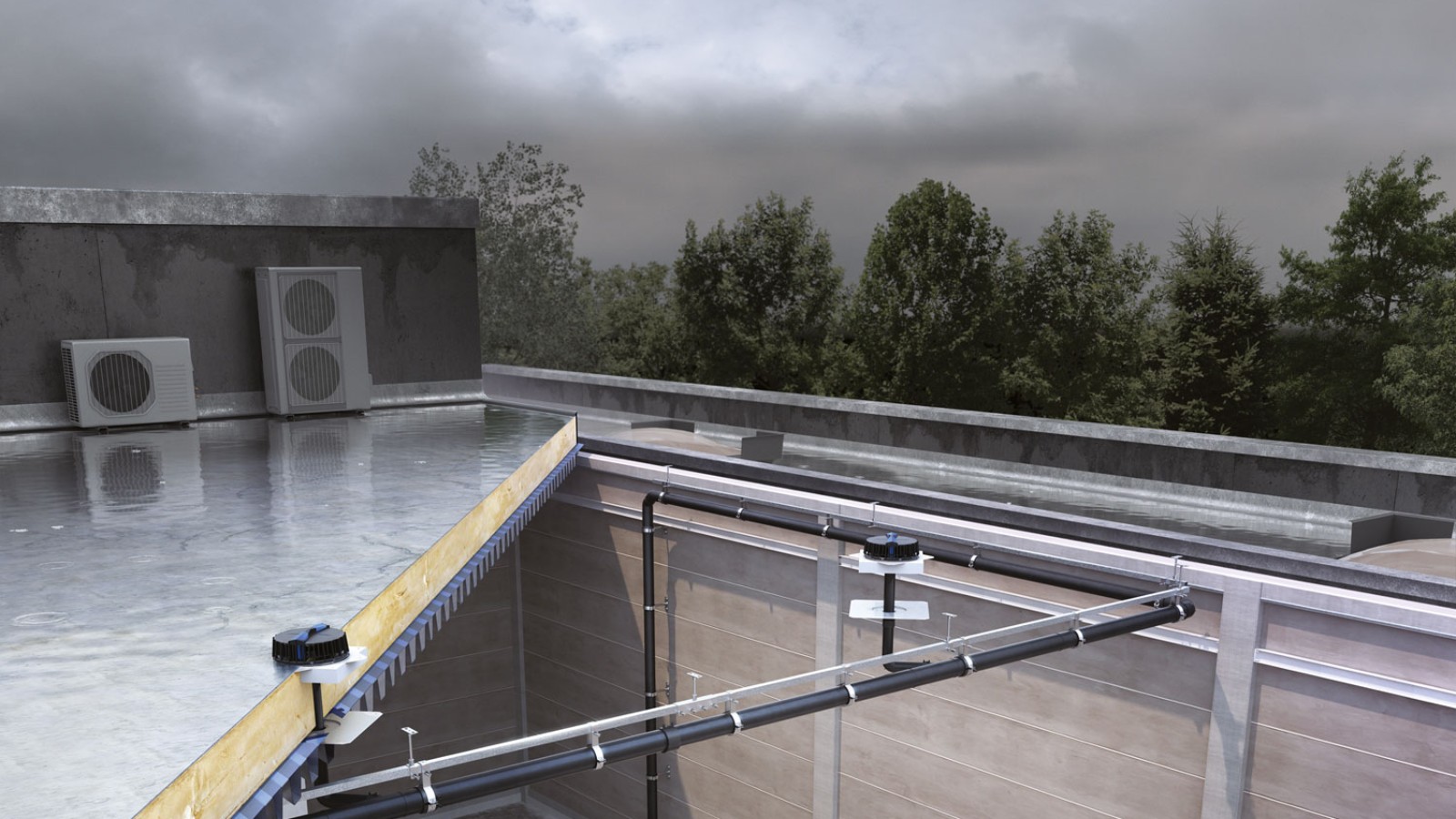 O sistema de drenagem de águas pluviais Pluvia pode drenar as três torres com relativamente poucos elementos de entrada. (Copyright: Geberit)