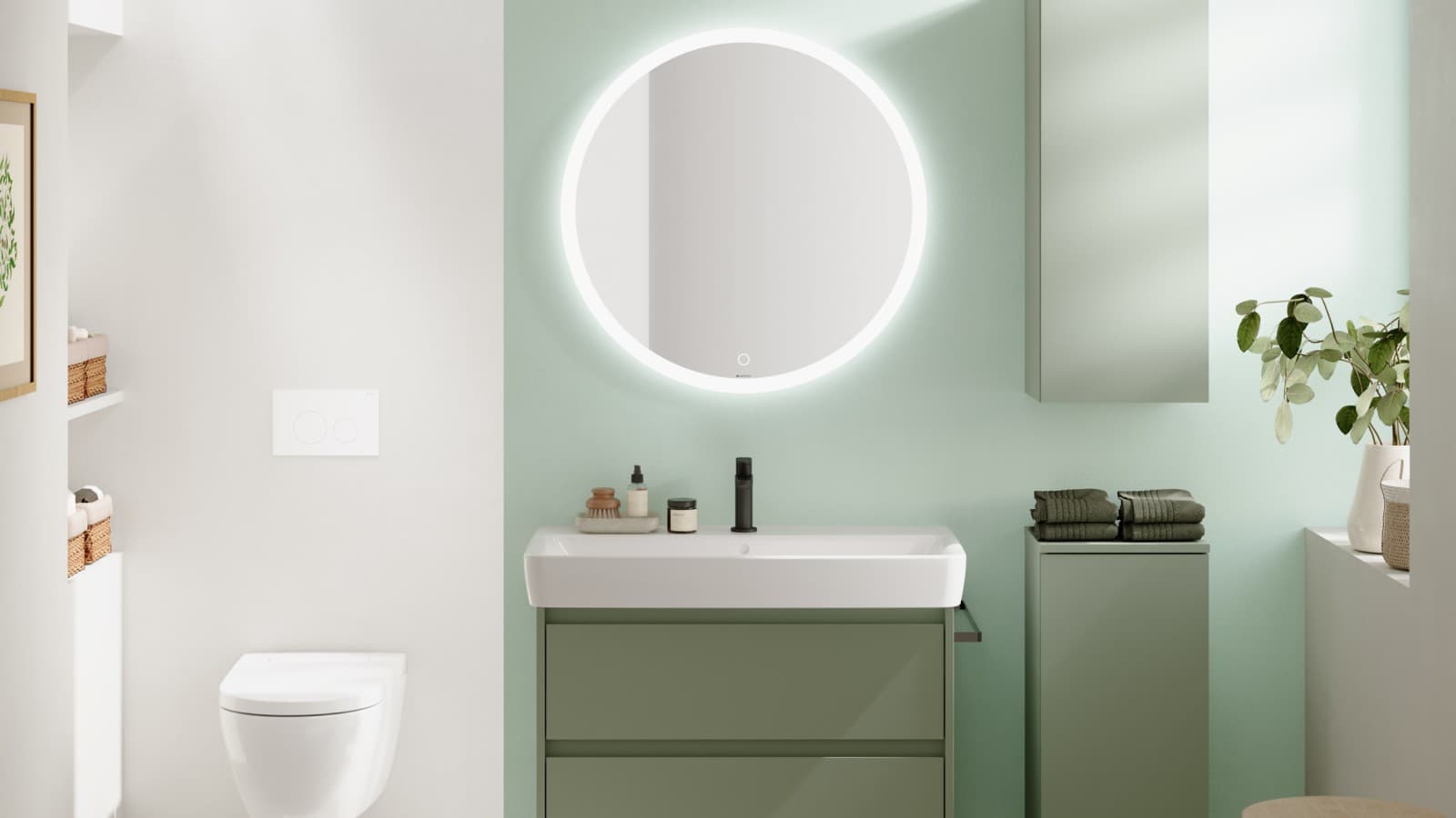 Móveis Geberit Selnova Square em verde combinados com um branco elegante Móveis Geberit Selnova Square em verde combinados com um branco elegante