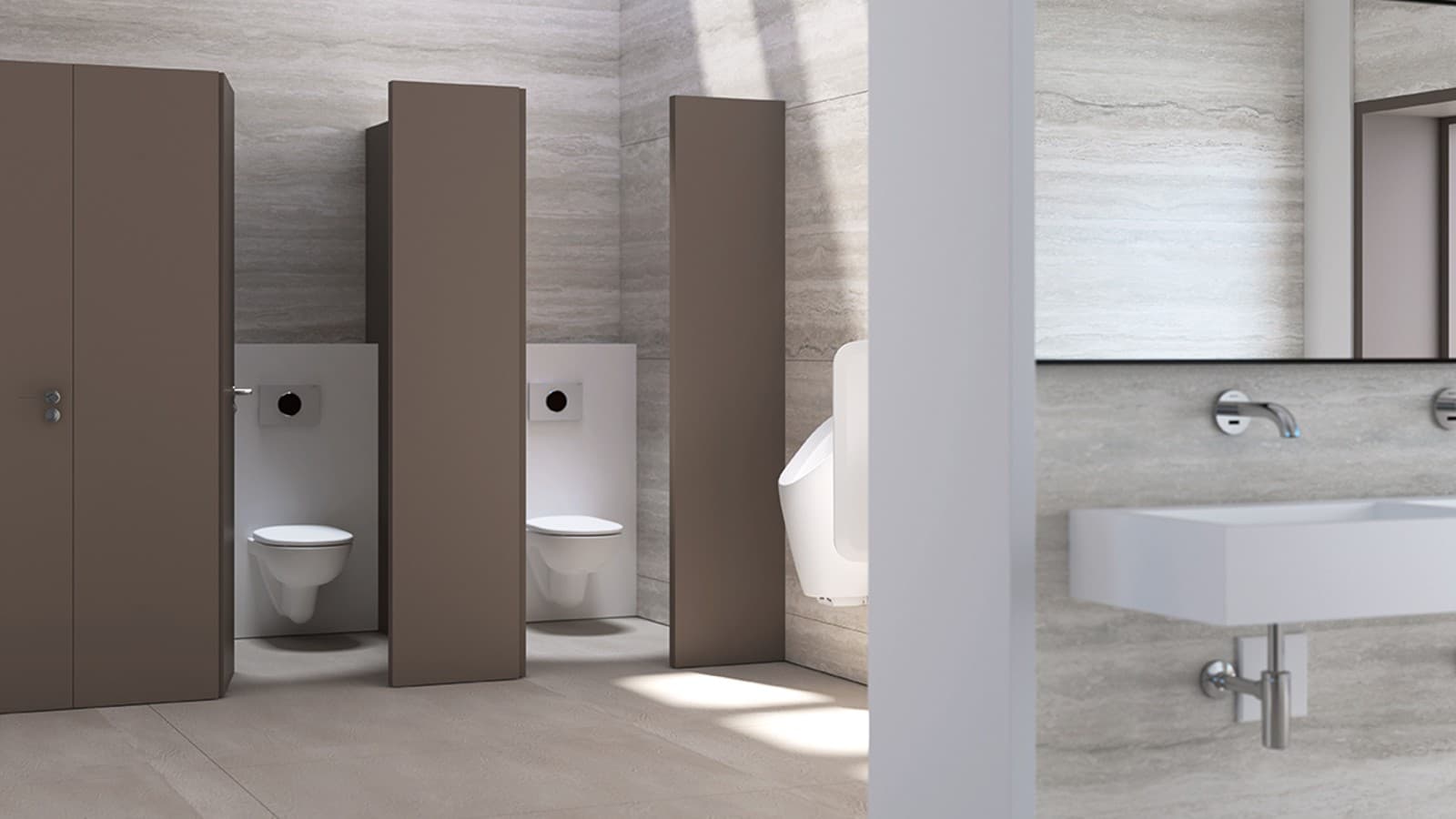 Casa de banho pública com autoclismo, placas de comando de descarga e urinóis Geberit Casa de banho pública com autoclismo, placas de comando de descarga e urinóis Geberit