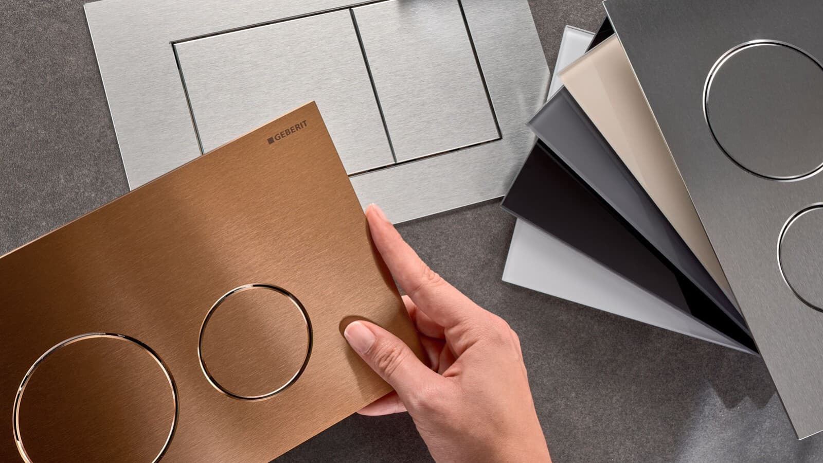 Placas de descarga Geberit Sigma40 em várias superfícies e formatos de botão Placas de descarga Geberit Sigma40 em várias superfícies e formatos de botão