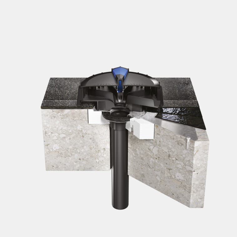 Instalação do Geberit Pluvia numa cobertura de betão com membrana betuminosa Instalação do Geberit Pluvia numa cobertura de betão com membrana betuminosa