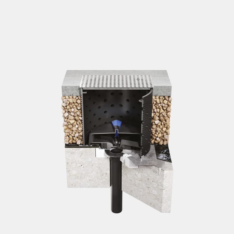 Instalação do Geberit Pluvia numa cobertura de betão transitável com membrana betuminosa Instalação do Geberit Pluvia numa cobertura de betão transitável com membrana betuminosa