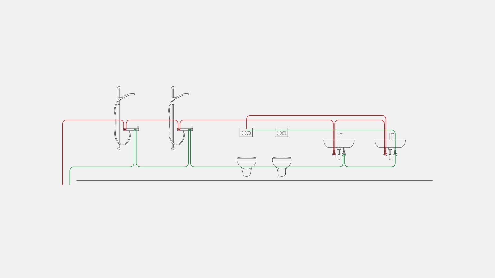 Exemplo de tubagem para água potável, no caso do controlo por intervalos, com a descarga automática sanitária Geberit integrada no autoclismo de interior Exemplo de tubagem para água potável, no caso do controlo por intervalos, com a descarga automática sanitária Geberit integrada no autoclismo de interior