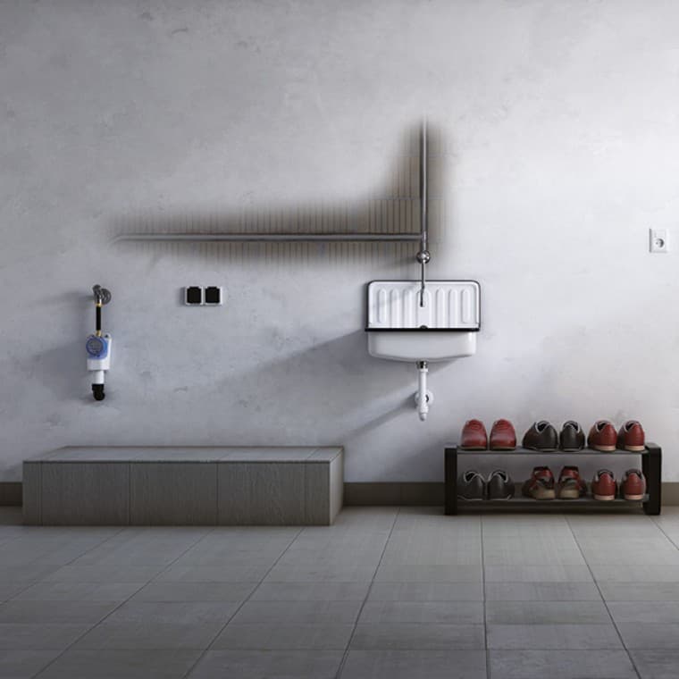 Exemplo de aplicação para a descarga automática sanitária Geberit Rapid: Tubagens inoperantes em consequência de instalações não utilizadas Exemplo de aplicação para a descarga automática sanitária Geberit Rapid: Tubagens inoperantes em consequência de instalações não utilizadas